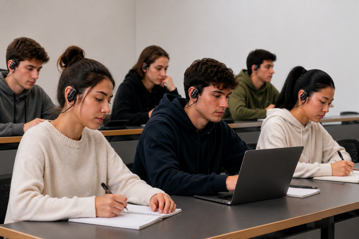 Estudiantes usando el headset Emotiv MN8 de Kamino Academic en el aula