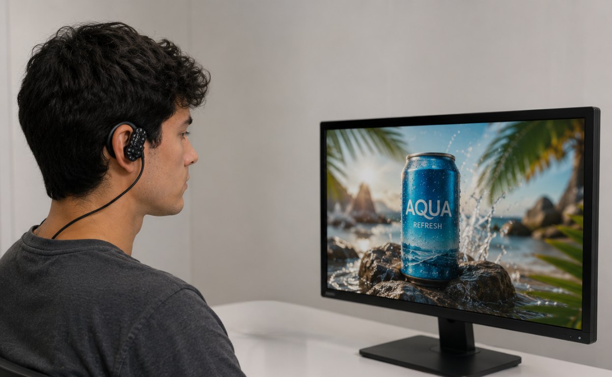 Persona usando el headset Emotiv MN8 mientras mira un anuncio en pantalla