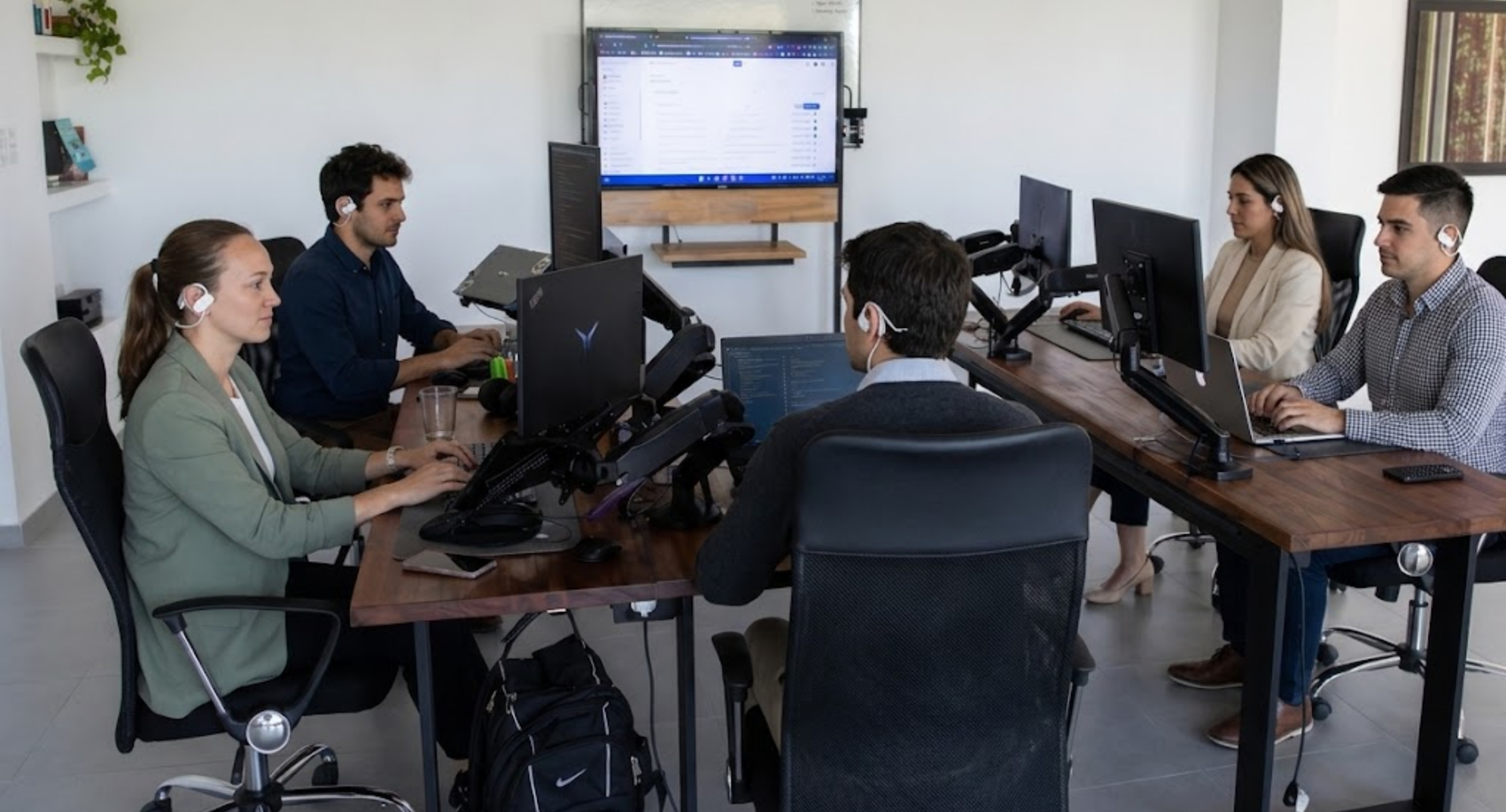 Equipo de trabajo usando los headsets Emotiv MN8 de Kamino Teams en la oficina